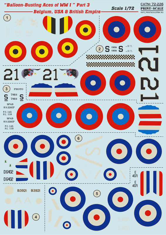 72-226 BALLOON BUSTING ACES of WWI Part 3. Belgium, USA & British Empire 1/72 by PRINT SCALE