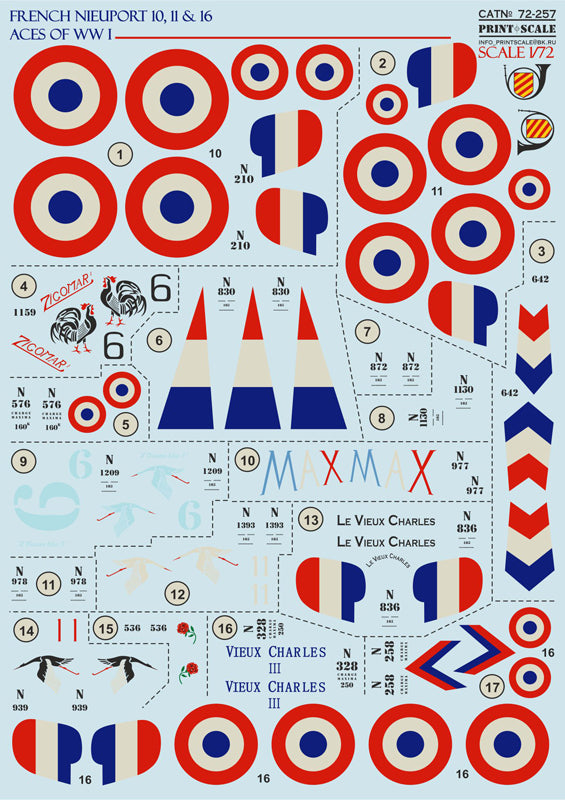 72-257 French Nieuport 10, 11 and 16 Aces of WWI. 1/72 by PRINT SCALE